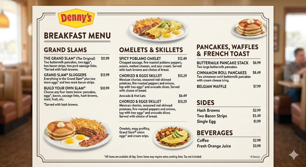 Denny’s Breakfast Menu with Prices 2026 – Updated All-Day Breakfast Specials & Slam Deals
